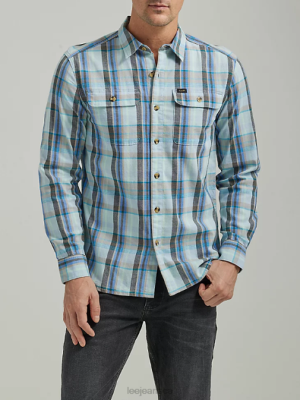 Lee Men Extreme Motion All Purpose Plaid Button Down Worker Shirt Mushroom Seaglass Plaid Clothing 480T926