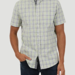 Lee Men Short Sleeve Peached Poplin Woven Gingham Shirt Mist Clothing 480T909