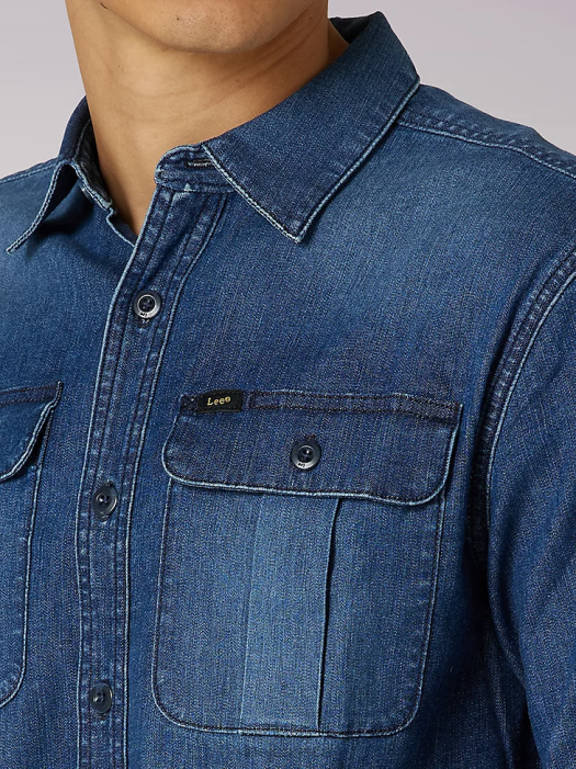 Lee Men Working West Denim Button Down Shirt Mid Wash Clothing 480T935 - Image 2