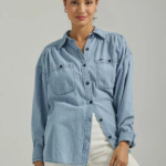 Lee Women Frontier Shirred Button Down Shirt Blue Media Clothing 480T395