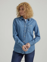 Lee Women Legendary All Purpose Solid Button Down Denim Shirt Midwash Clothing 480T406