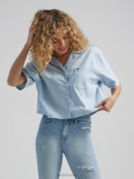 Lee Women Short Sleeve Souvenir Crop Button Down Shirt Through The Rinse Clothing 480T396 - Image 4